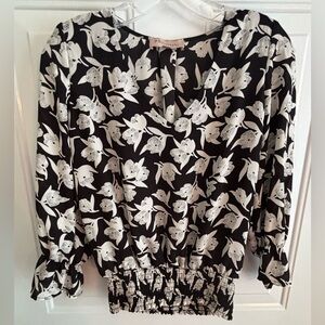 Philosophy Floral Blouse Women XS Black White Smocked Waist Long Sleeve